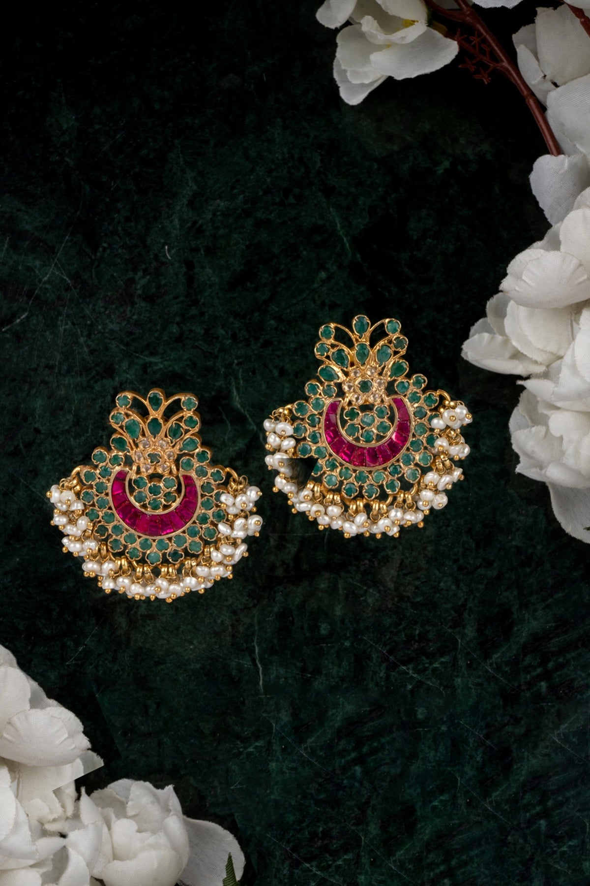Gold Finish Green Onyx Chandbali Earrings In 92.5 Sterling Silver