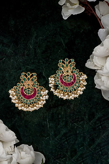 Gold Finish Green Onyx Chandbali Earrings In 92.5 Sterling Silver