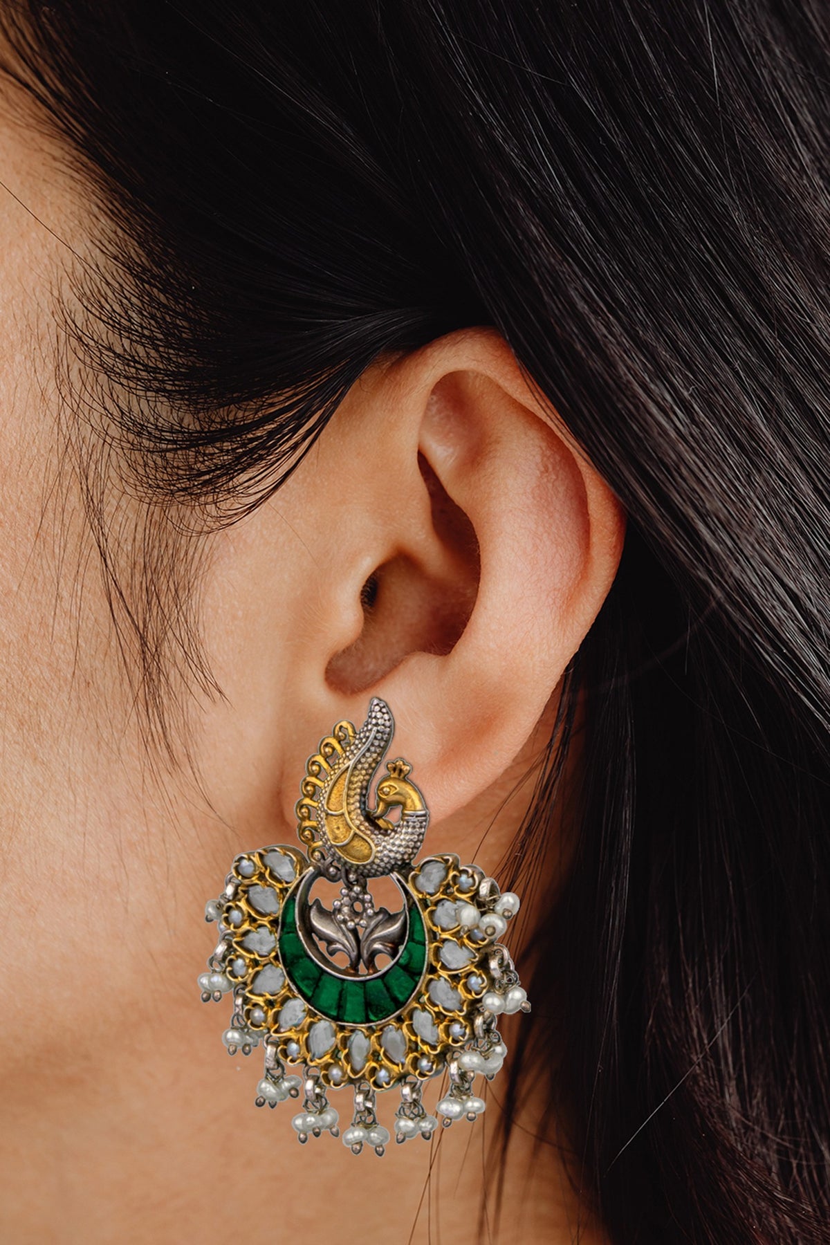 Two-Tone Finish Pearl Chandbali Earrings In 92.5 Sterling Silver