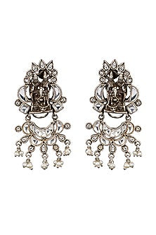White Finish Kundan Polki Chandbali Earrings In 92.5 Sterling Silver