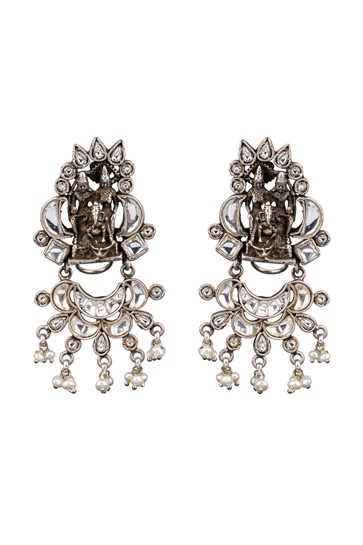 White Finish Kundan Polki Chandbali Earrings In 92.5 Sterling Silver
