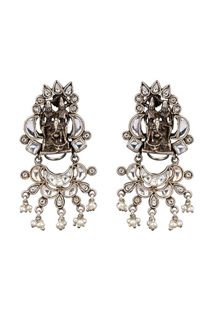 White Finish Kundan Polki Chandbali Earrings In 92.5 Sterling Silver
