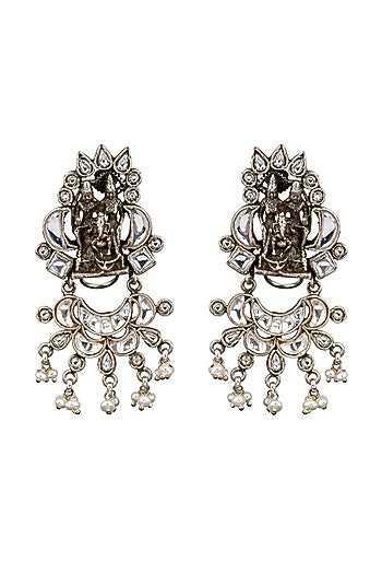 White Finish Kundan Polki Chandbali Earrings In 92.5 Sterling Silver