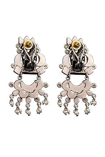 White Finish Kundan Polki Chandbali Earrings In 92.5 Sterling Silver