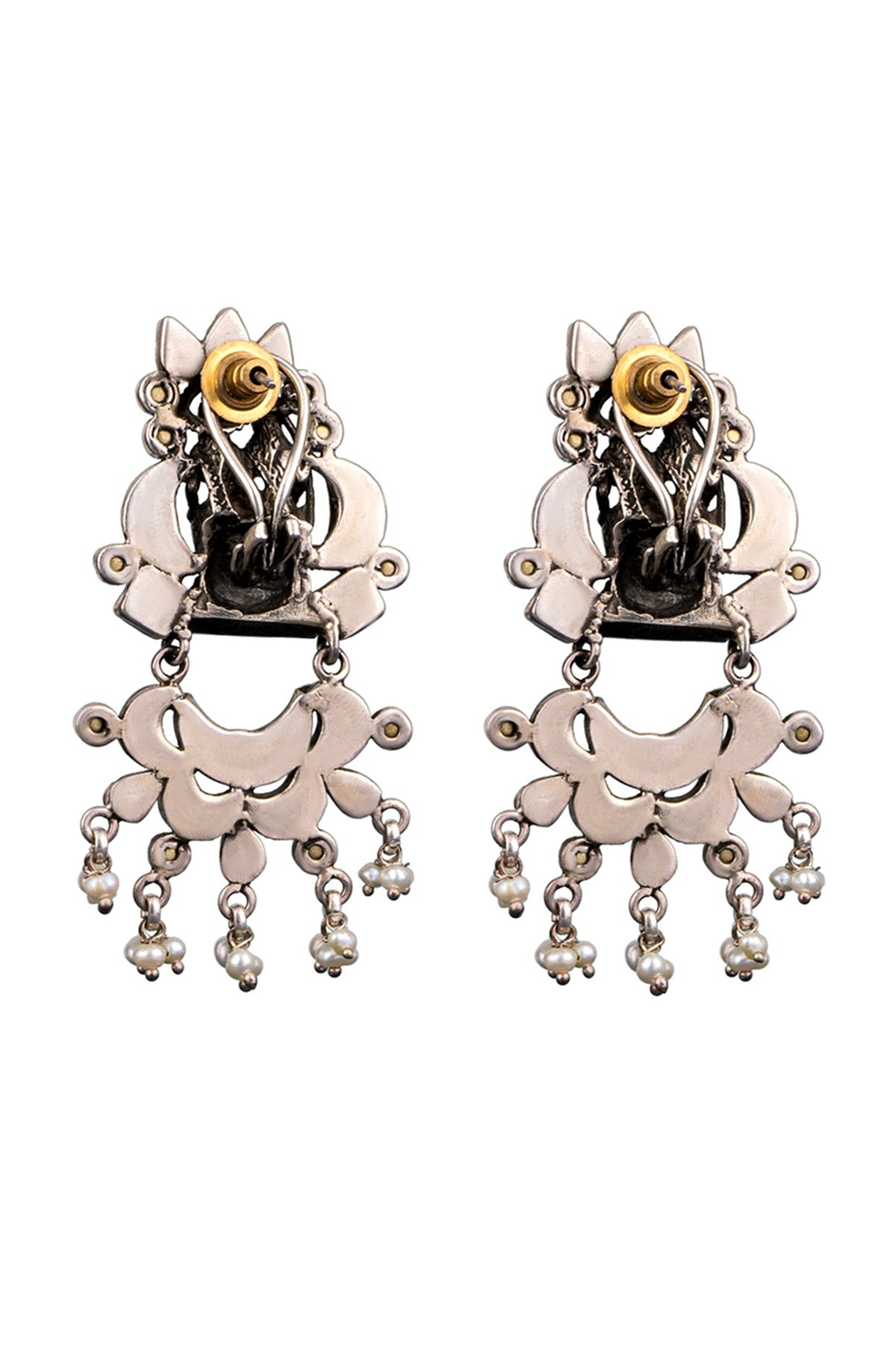 White Finish Kundan Polki Chandbali Earrings In 92.5 Sterling Silver