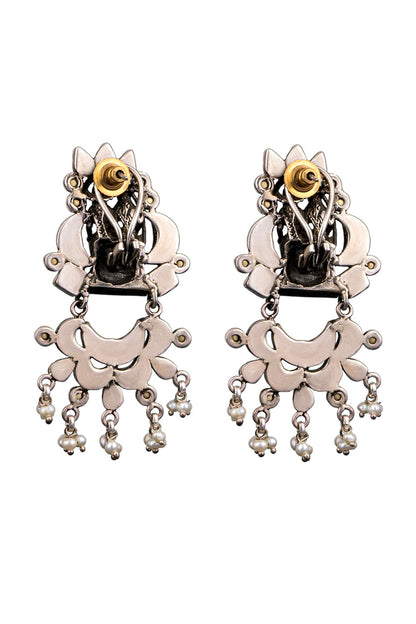 White Finish Kundan Polki Chandbali Earrings In 92.5 Sterling Silver