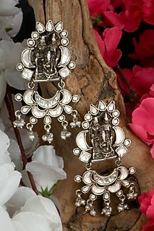 White Finish Kundan Polki Chandbali Earrings In 92.5 Sterling Silver