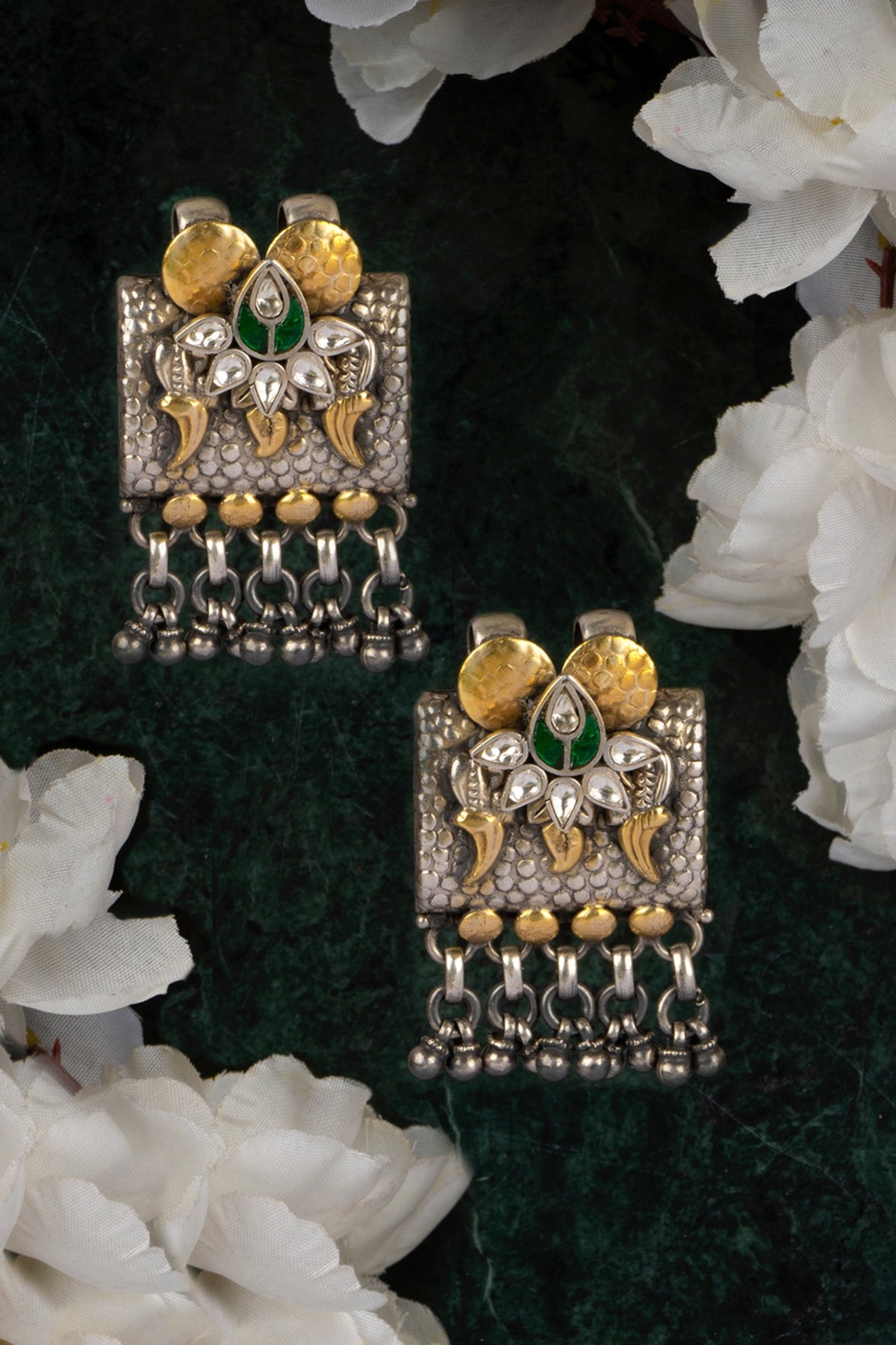 Two-Tone Finish Peacock Textured Earrings In 92.5 Sterling Silver