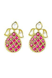 Gold Finish White & Red Kundan Polki Stud Earrings In Sterling Silver