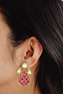 Gold Finish White & Red Kundan Polki Stud Earrings In Sterling Silver