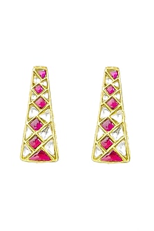Gold Finish White & Red Kundan Polki Stud Earrings In Sterling Silver