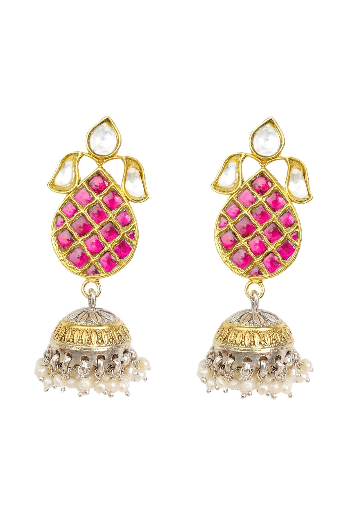 Gold Finish White & Red Kundan Polki Jhumka Earrings In Sterling Silver