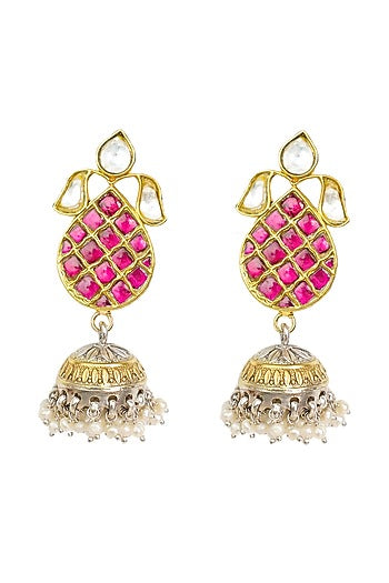 Gold Finish White & Red Kundan Polki Jhumka Earrings In Sterling Silver