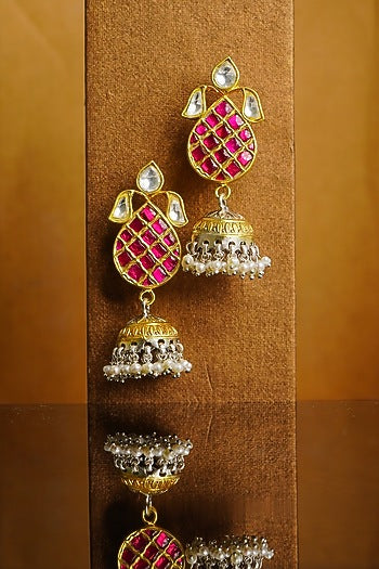 Gold Finish White & Red Kundan Polki Jhumka Earrings In Sterling Silver