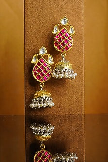 Gold Finish White & Red Kundan Polki Jhumka Earrings In Sterling Silver