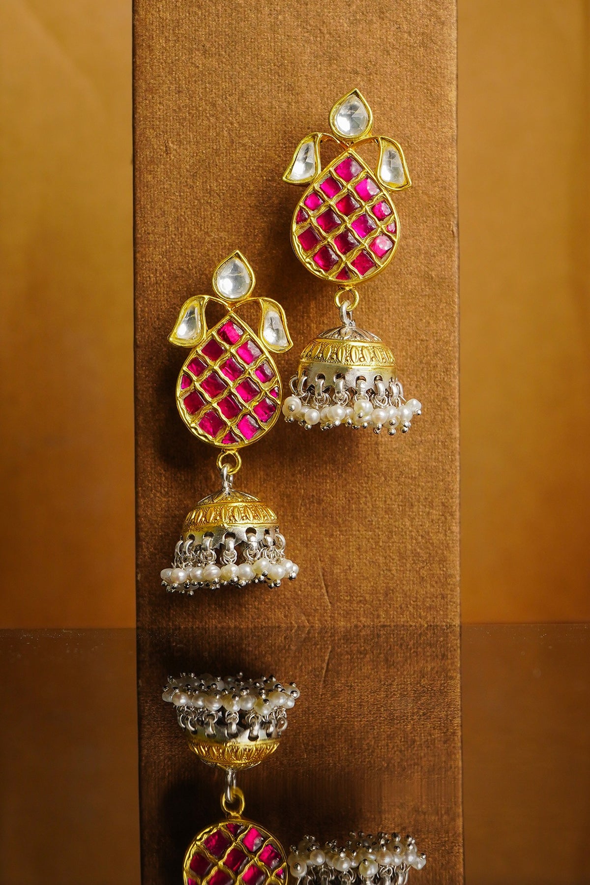 Gold Finish White & Red Kundan Polki Jhumka Earrings In Sterling Silver