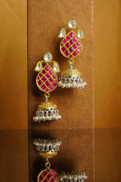 Gold Finish White & Red Kundan Polki Jhumka Earrings In Sterling Silver