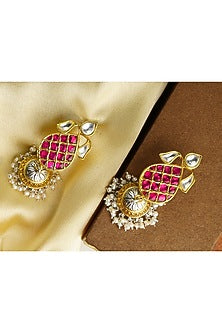 Gold Finish White & Red Kundan Polki Jhumka Earrings In Sterling Silver