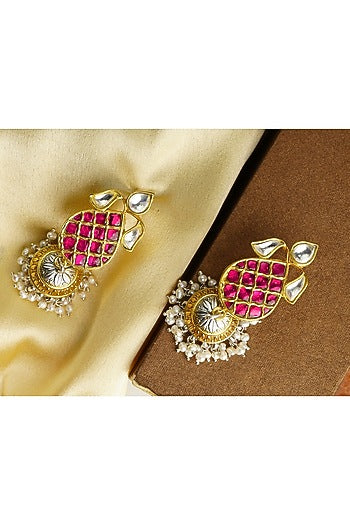 Gold Finish White & Red Kundan Polki Jhumka Earrings In Sterling Silver