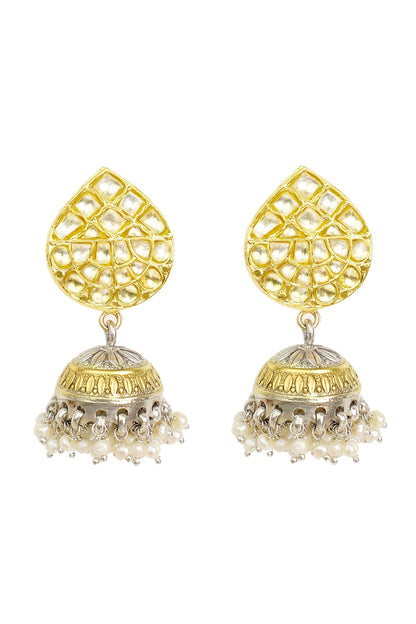 Gold Finish Kundan Polki Jhumka Earrings In Sterling Silver