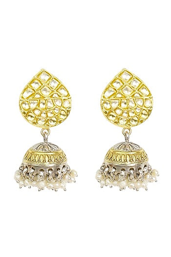Gold Finish Kundan Polki Jhumka Earrings In Sterling Silver