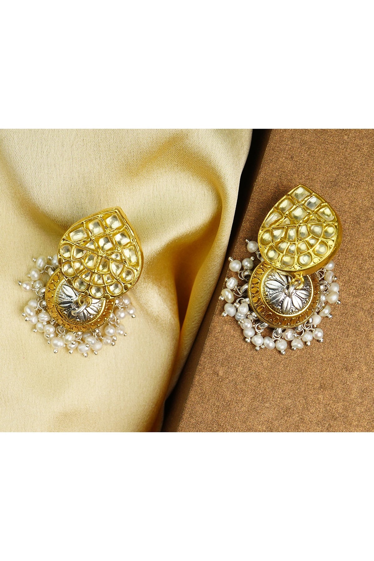 Gold Finish Kundan Polki Jhumka Earrings In Sterling Silver