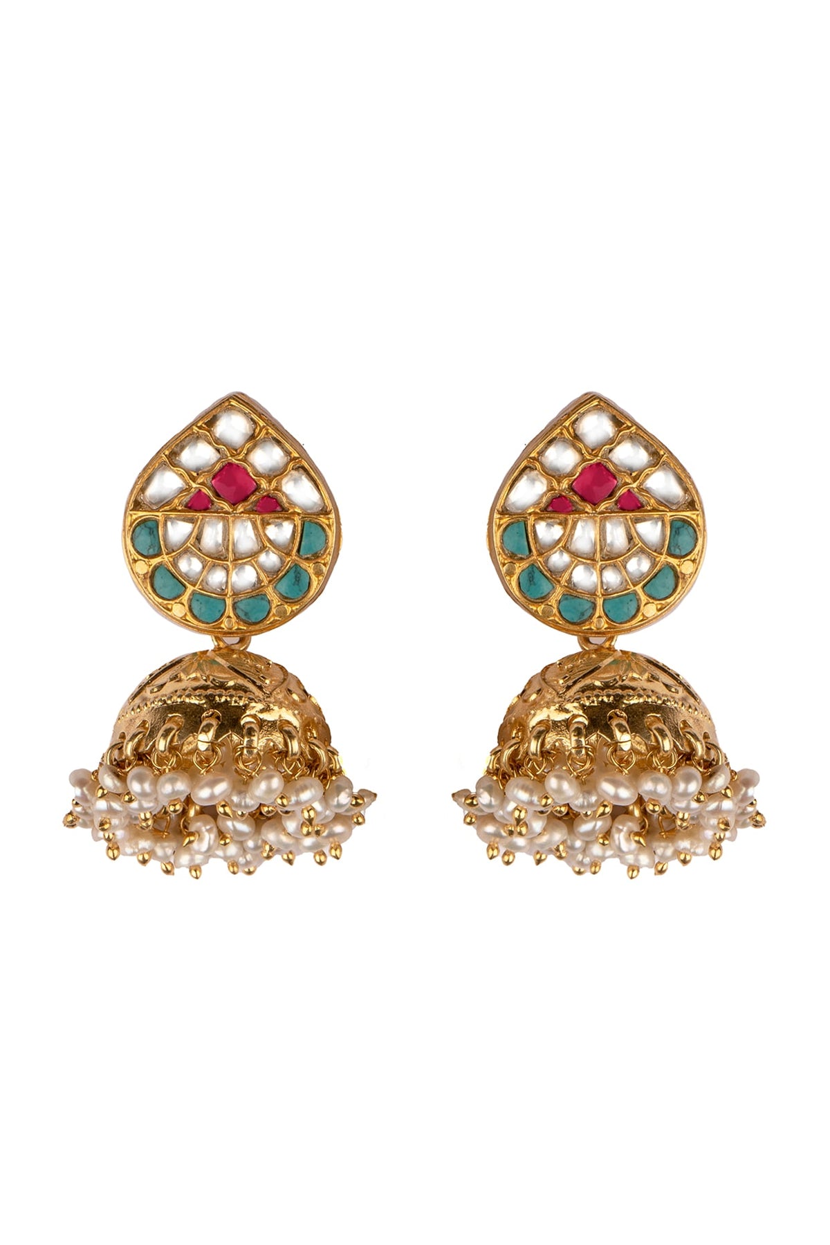 Gold Finish Kundan Polki Jhumka Earrings In Sterling Silver