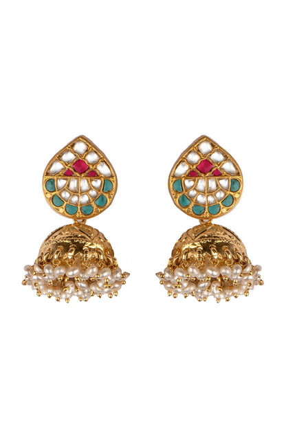 Gold Finish Kundan Polki Jhumka Earrings In Sterling Silver