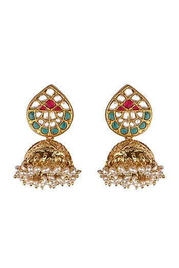 Gold Finish Kundan Polki Jhumka Earrings In Sterling Silver
