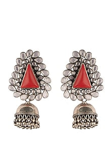 Black Rhodium Finish Coral Stone Jhumka Earrings In Sterling Silver