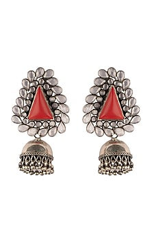 Black Rhodium Finish Coral Stone Jhumka Earrings In Sterling Silver