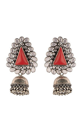 Black Rhodium Finish Coral Stone Jhumka Earrings In Sterling Silver