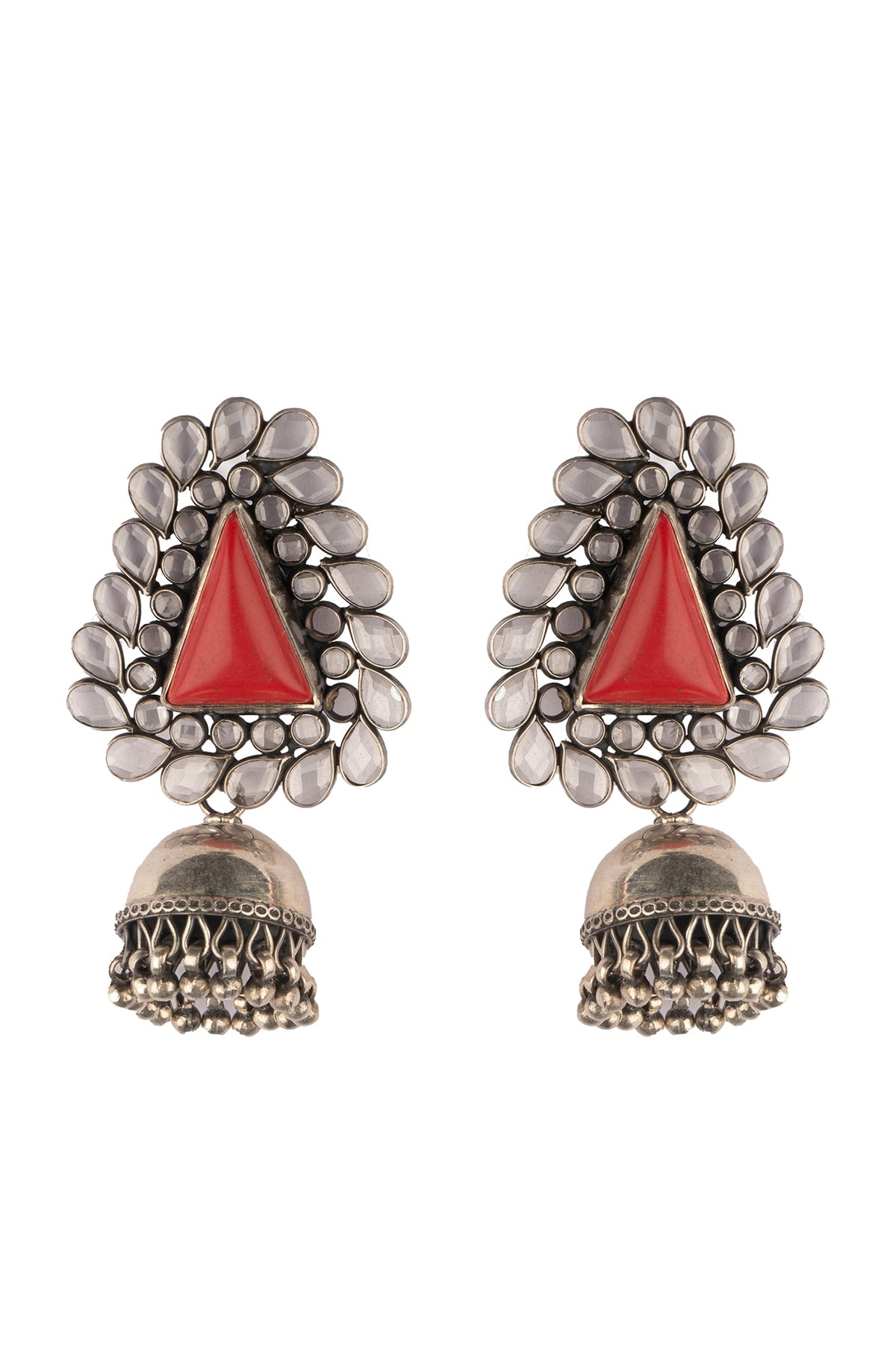 Black Rhodium Finish Coral Stone Jhumka Earrings In Sterling Silver
