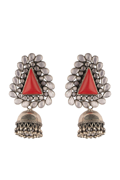 Black Rhodium Finish Coral Stone Jhumka Earrings In Sterling Silver
