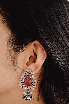 Black Rhodium Finish Coral Stone Jhumka Earrings In Sterling Silver