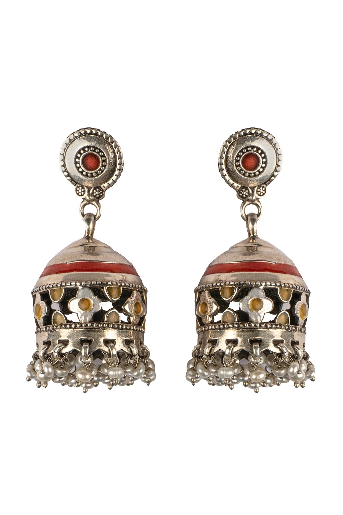 White Finish Pearl Jhumka Earrings In Sterling Silver