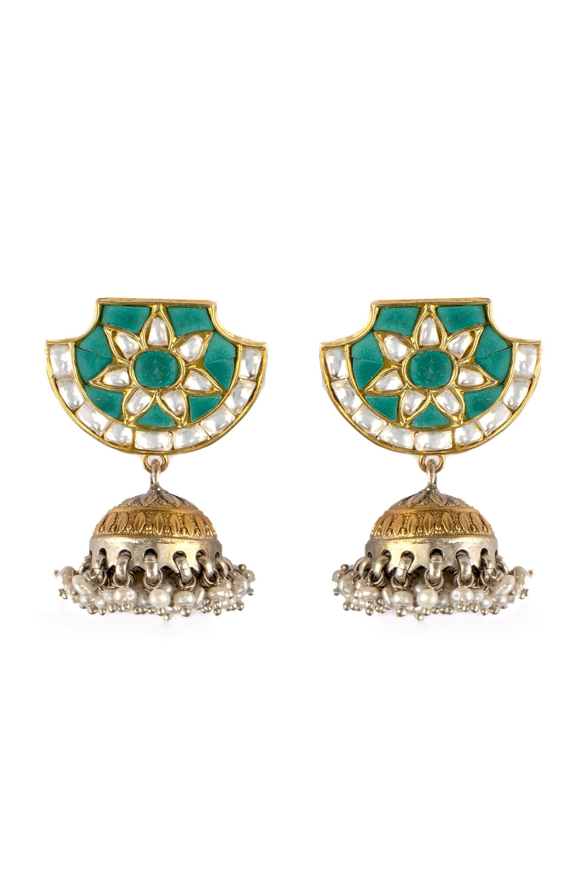 Two-Tone Finish Turquoise Stone Jhumka Earrings In Sterling Silver