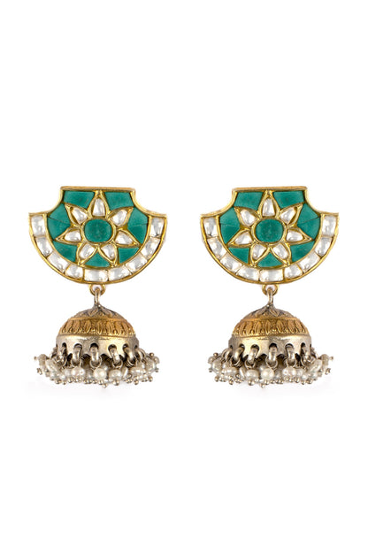 Two-Tone Finish Turquoise Stone Jhumka Earrings In Sterling Silver
