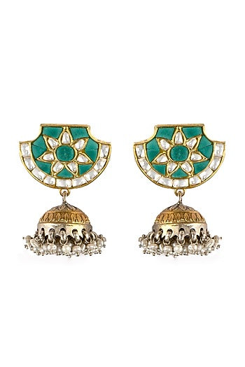 Two-Tone Finish Turquoise Stone Jhumka Earrings In Sterling Silver