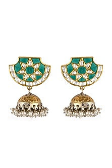 Two-Tone Finish Turquoise Stone Jhumka Earrings In Sterling Silver