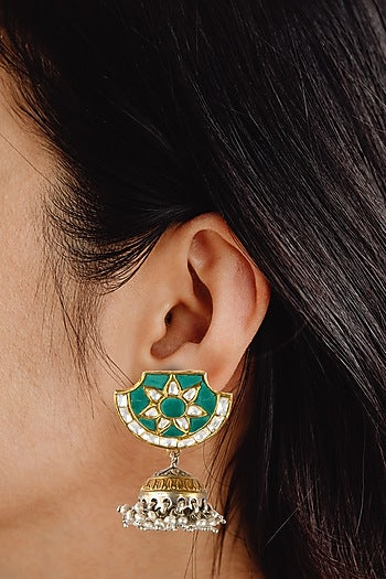 Two-Tone Finish Turquoise Stone Jhumka Earrings In Sterling Silver