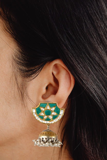 Two-Tone Finish Turquoise Stone Jhumka Earrings In Sterling Silver