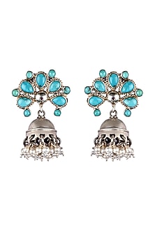 Black Rhodium Finish Turquoise Stone Jhumka Earrings In Sterling Silver