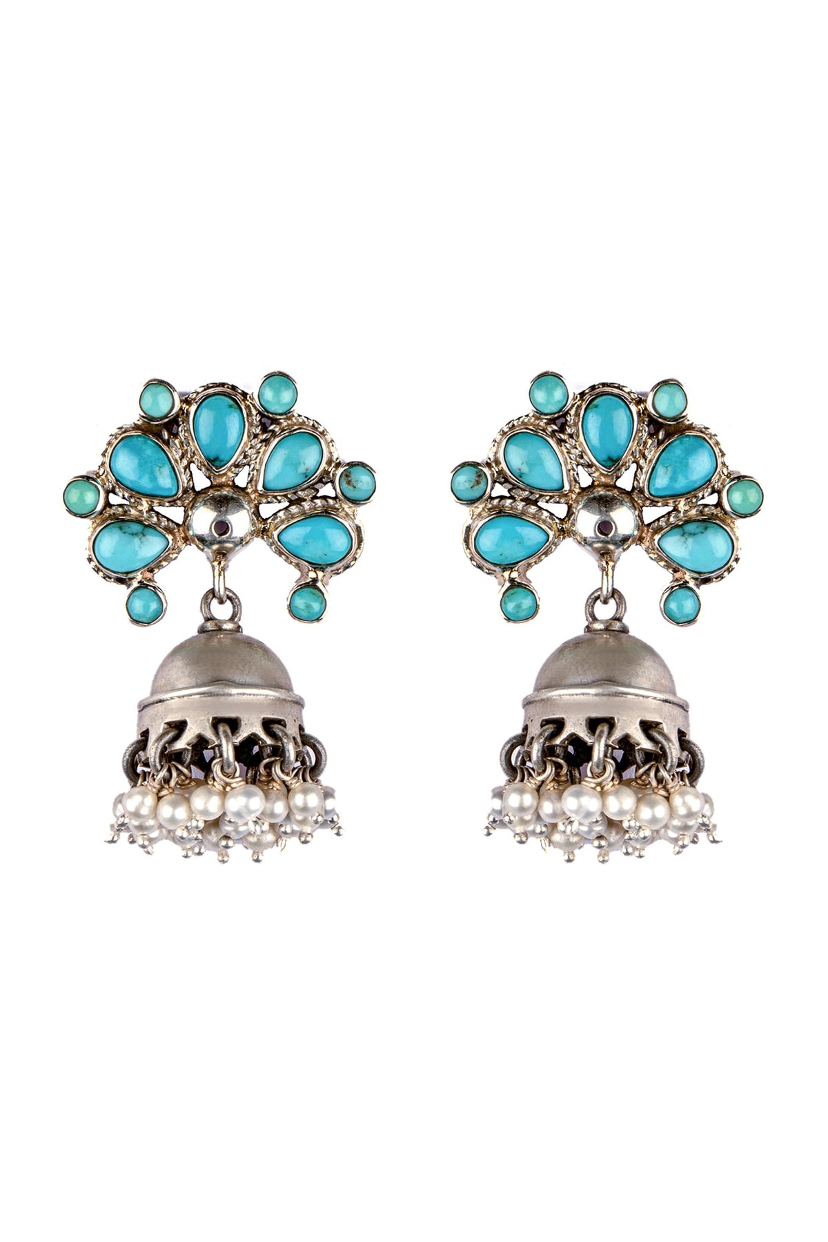 Black Rhodium Finish Turquoise Stone Jhumka Earrings In Sterling Silver