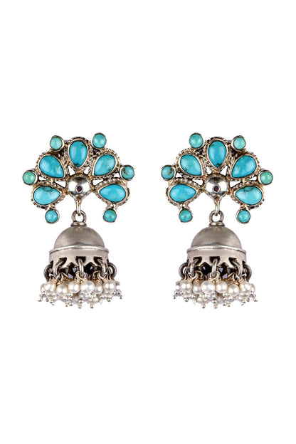 Black Rhodium Finish Turquoise Stone Jhumka Earrings In Sterling Silver