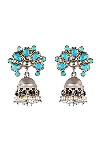 Black Rhodium Finish Turquoise Stone Jhumka Earrings In Sterling Silver