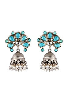 Black Rhodium Finish Turquoise Stone Jhumka Earrings In Sterling Silver