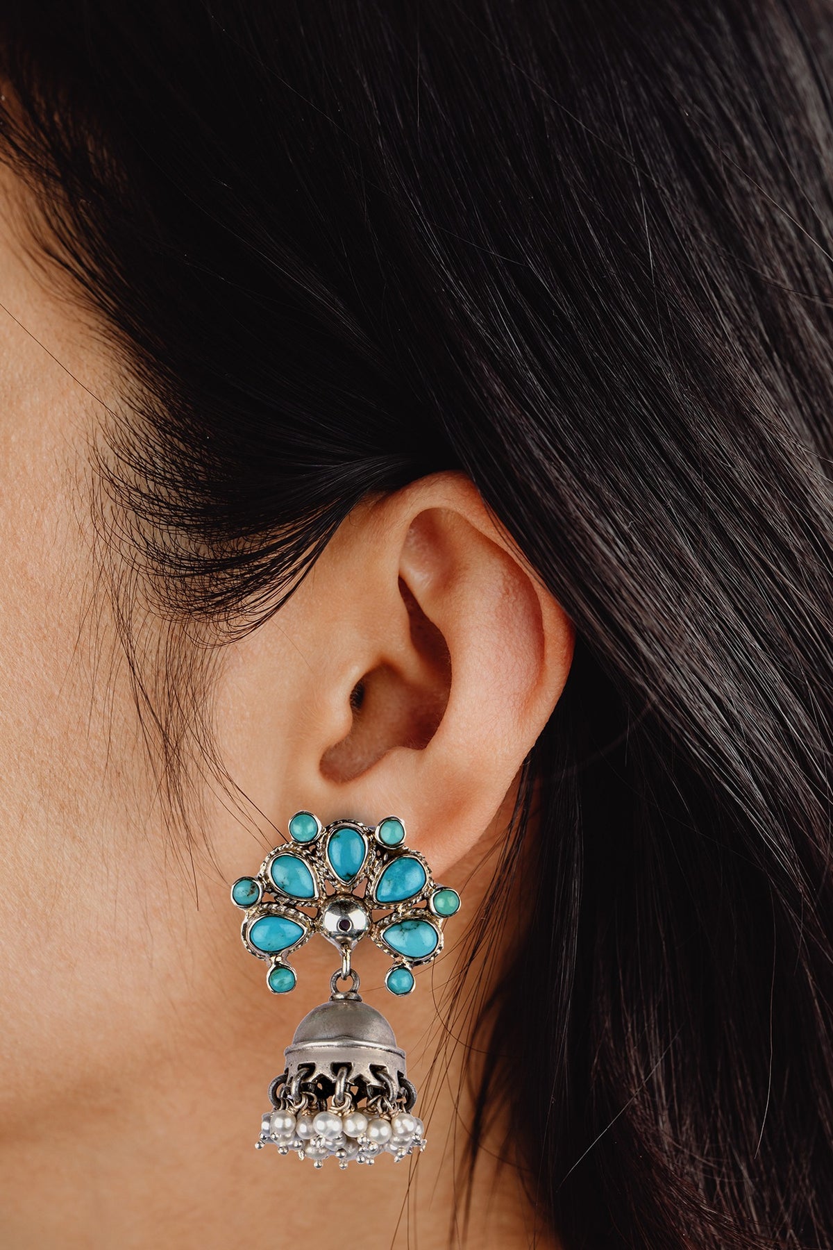 Black Rhodium Finish Turquoise Stone Jhumka Earrings In Sterling Silver
