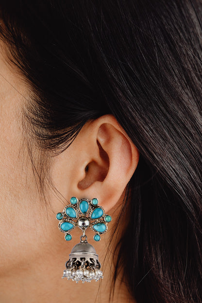 Black Rhodium Finish Turquoise Stone Jhumka Earrings In Sterling Silver