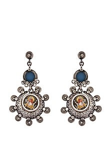 Black Rhodium Finish Synthetic Stone Dangler Earrings In Sterling Silver